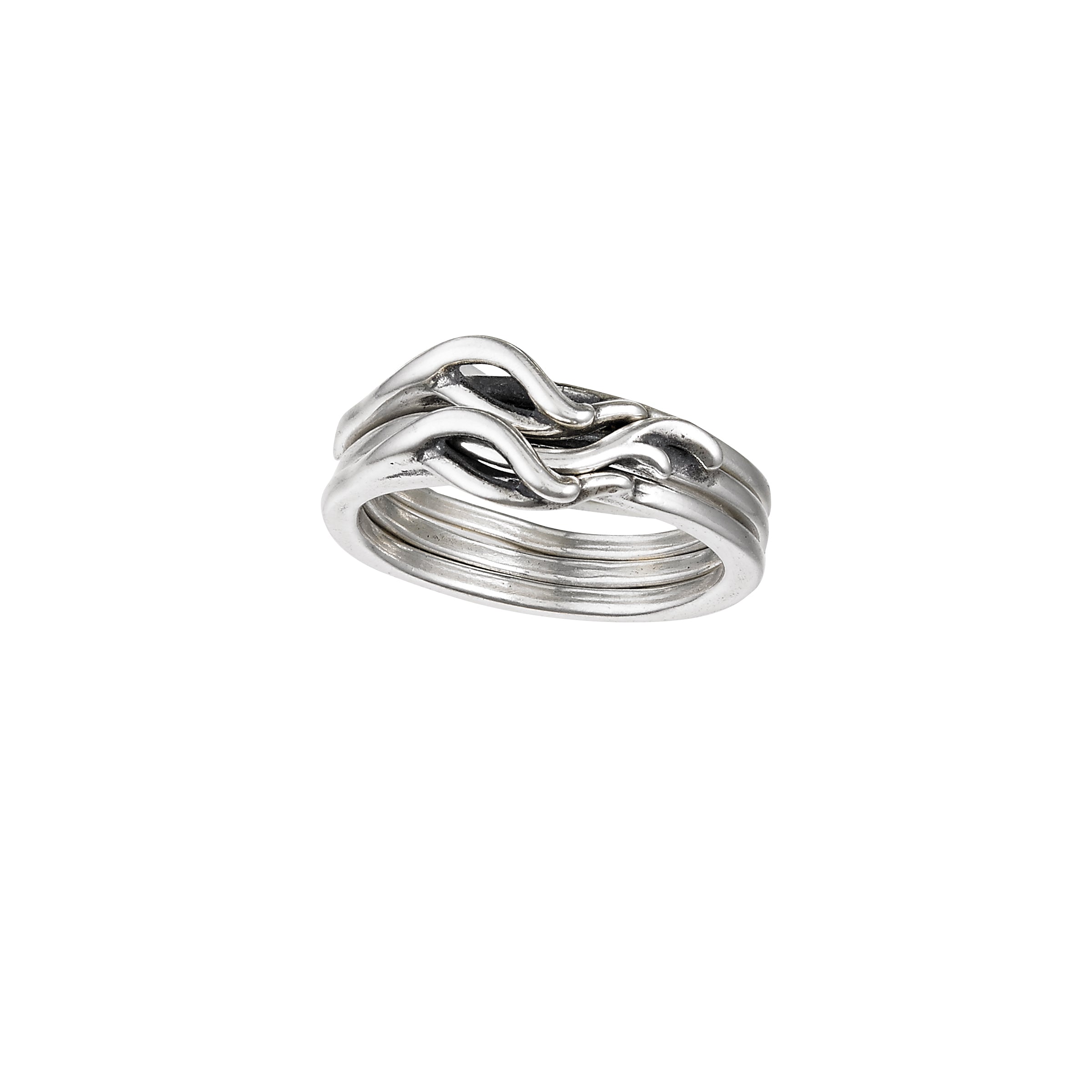 Silver Spanish Moss ring with an intricate twisted design, on a white background.