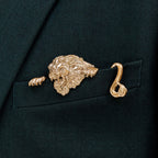 Gold lion pocket square on a black suit jacket