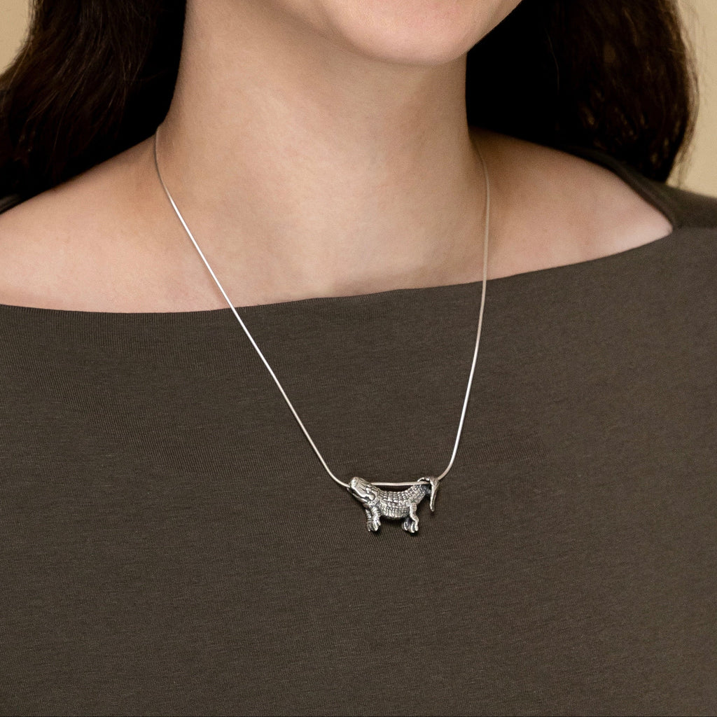 silver alligator pendant necklace worn on model everyday jewelry
