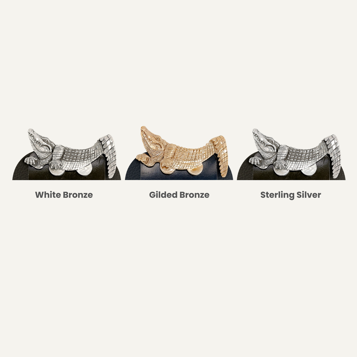 Alligator pocket square in gilded bronze, white bronze, and sterling silver metal options