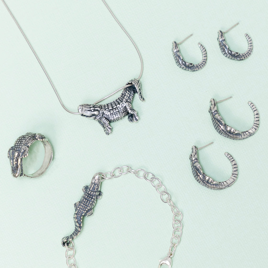 sterling silver alligator jewelry collection ring necklace bracelet hoop earring set