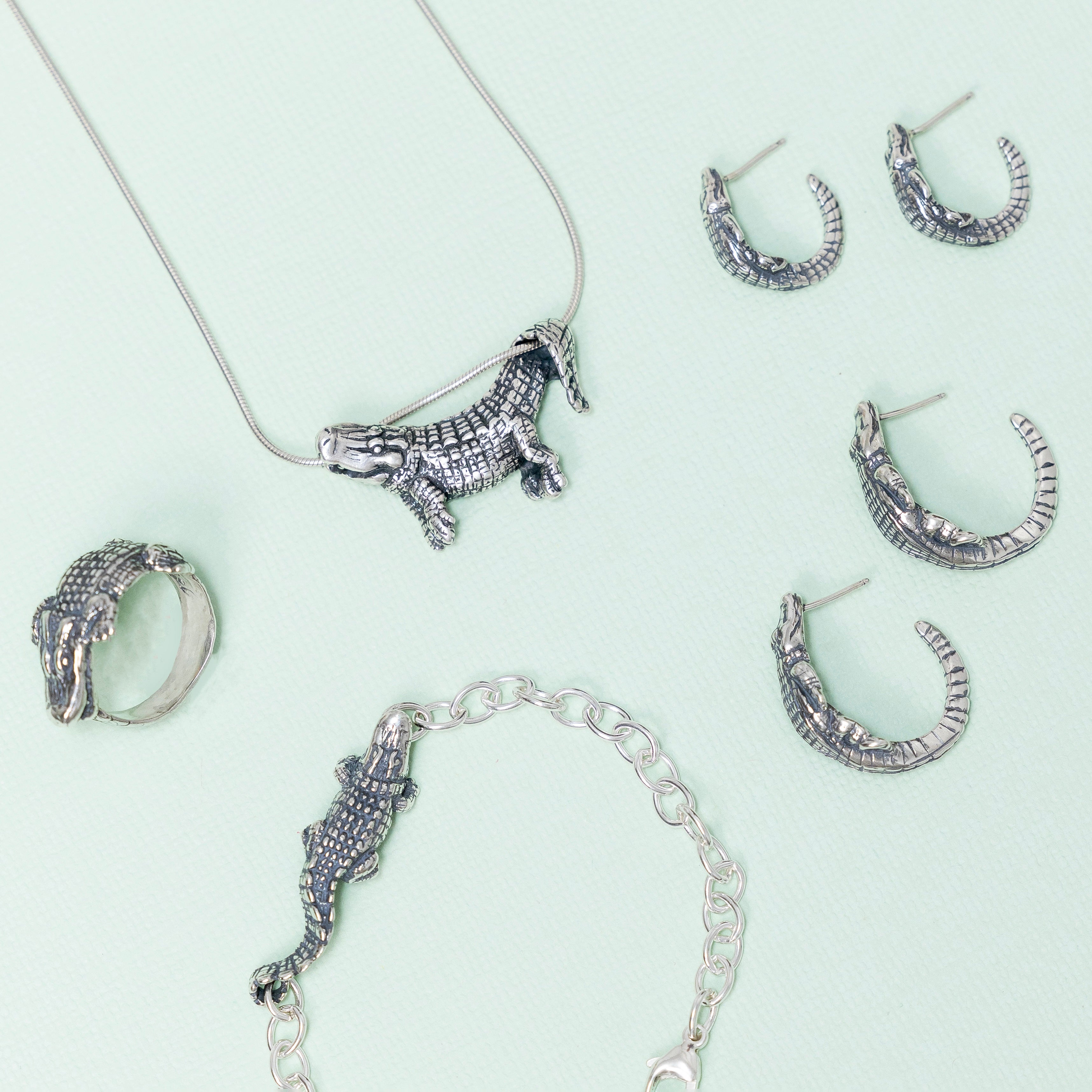 sterling silver alligator jewelry collection ring necklace bracelet hoop earring set