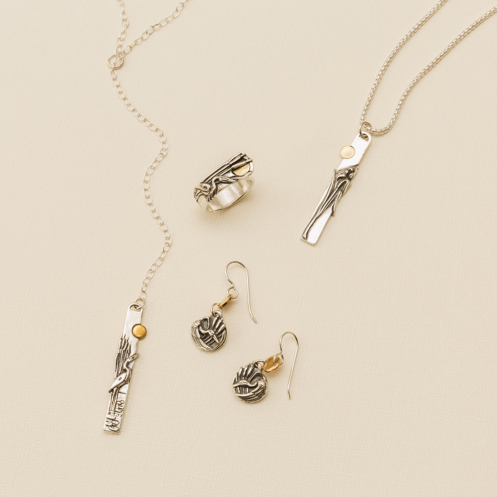audubon egret pendant with matching earrings and ring