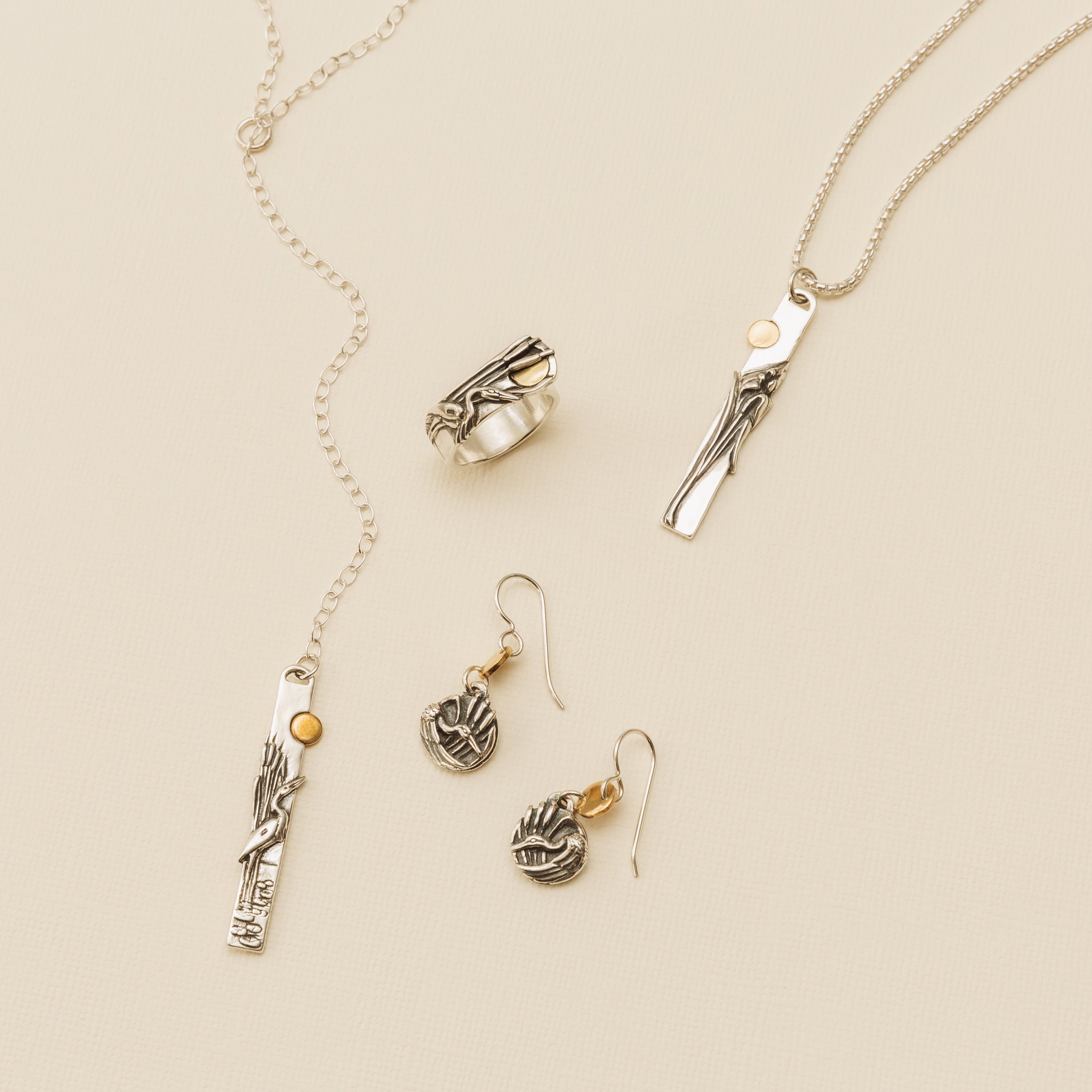 audubon egret pendant with matching earrings and ring