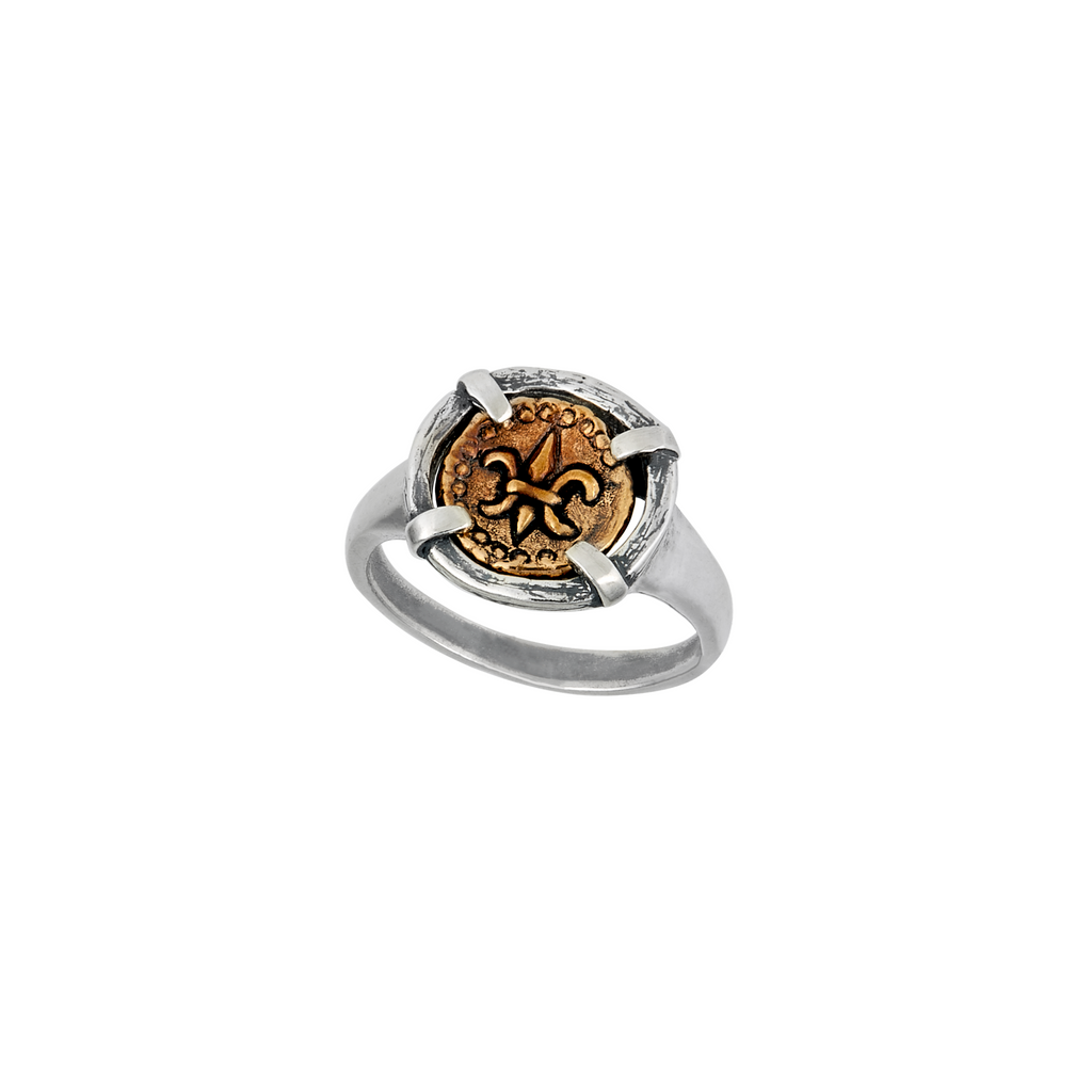 Fleur de lis doubloon bezel ring with bronze coin and sterling silver