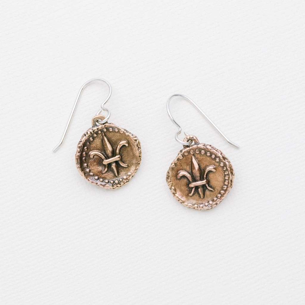 Fleur de lis bronze doubloon coin earrings