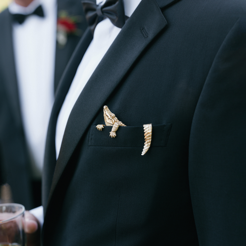 Close-up of a black tuxedo with a gold alligator brooch on the lapel.