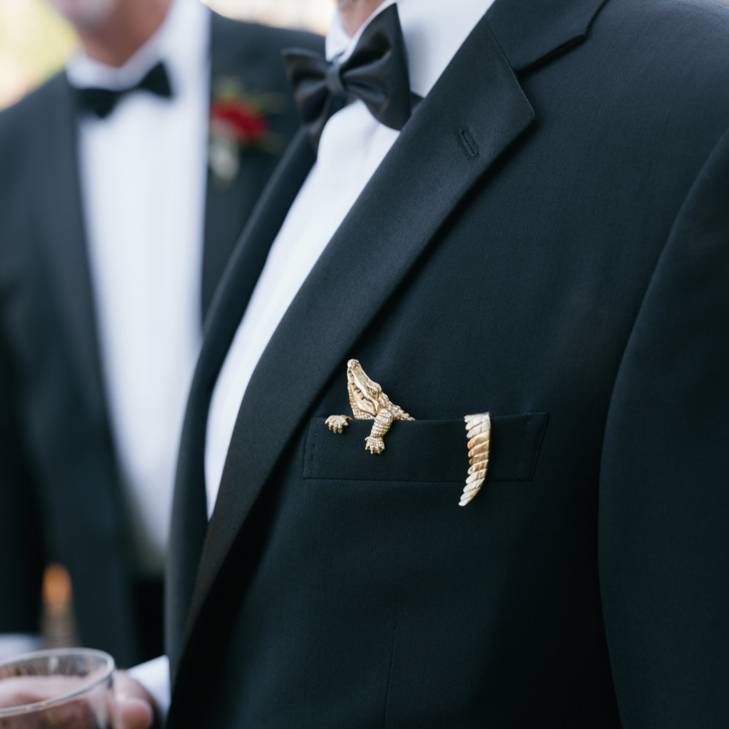 Alligator Pocket Square – gilded bronze alligator pocket square design, handmade in New Orleans by Jose Balli Jewelry