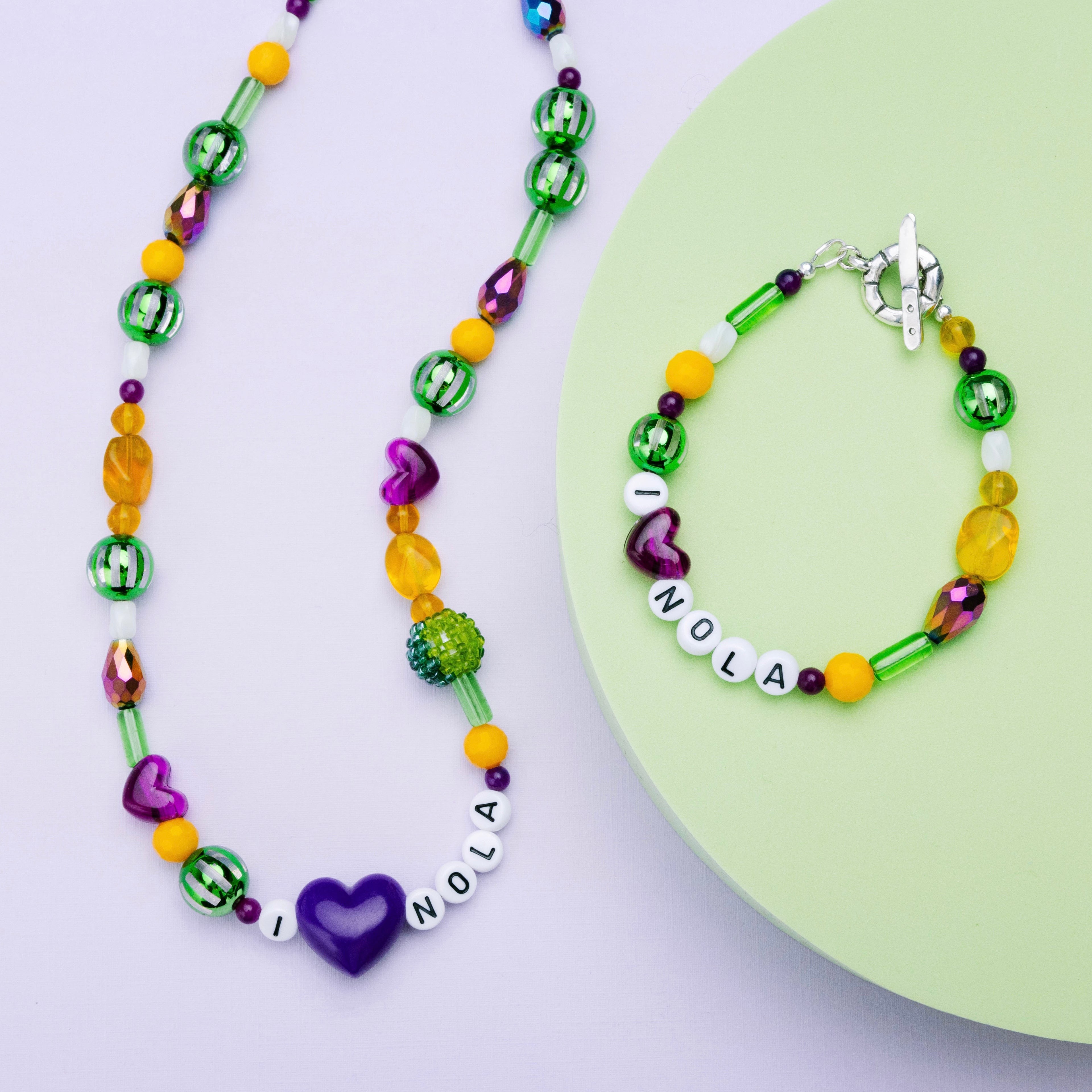 Mardi Gras Throw Necklace and bracelet set with purple green and gold beads