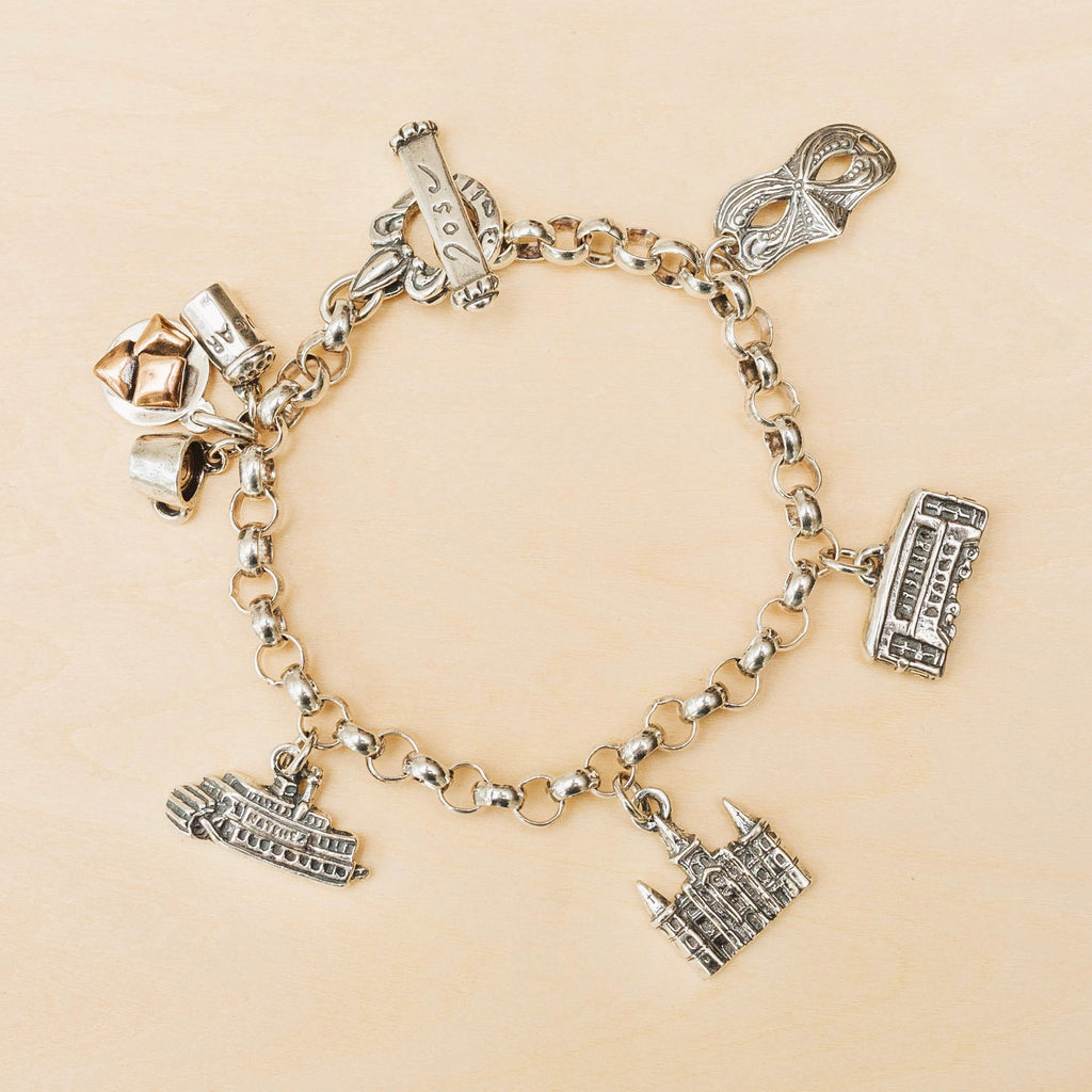 Sterling silver New Orleans charm bracelet with French Quarter landmark charms