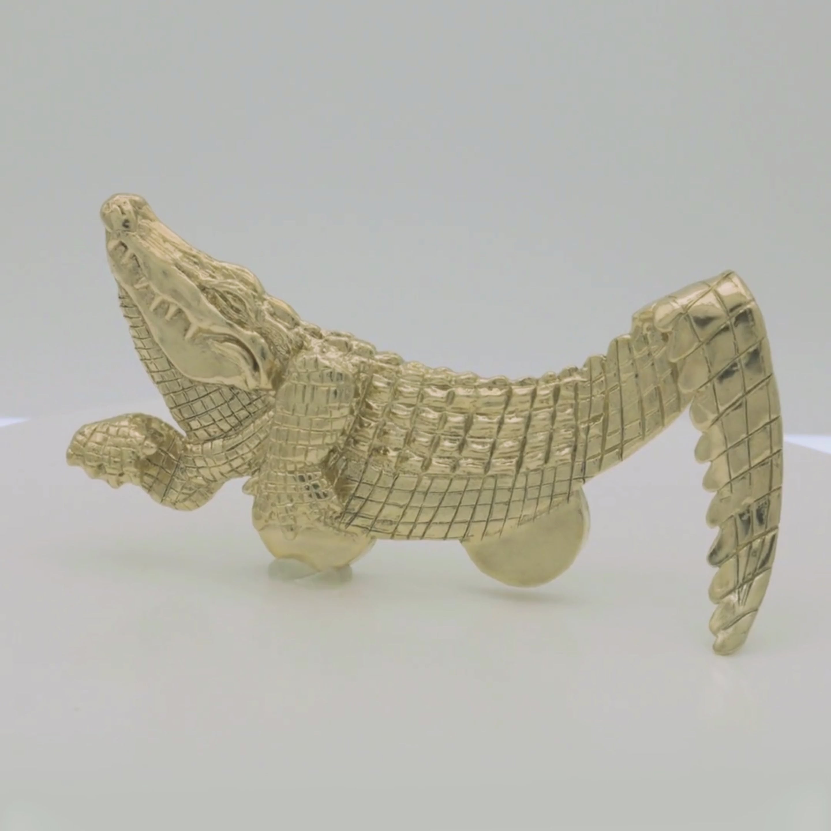 Rotating view of gilded bronze alligator pocket square design