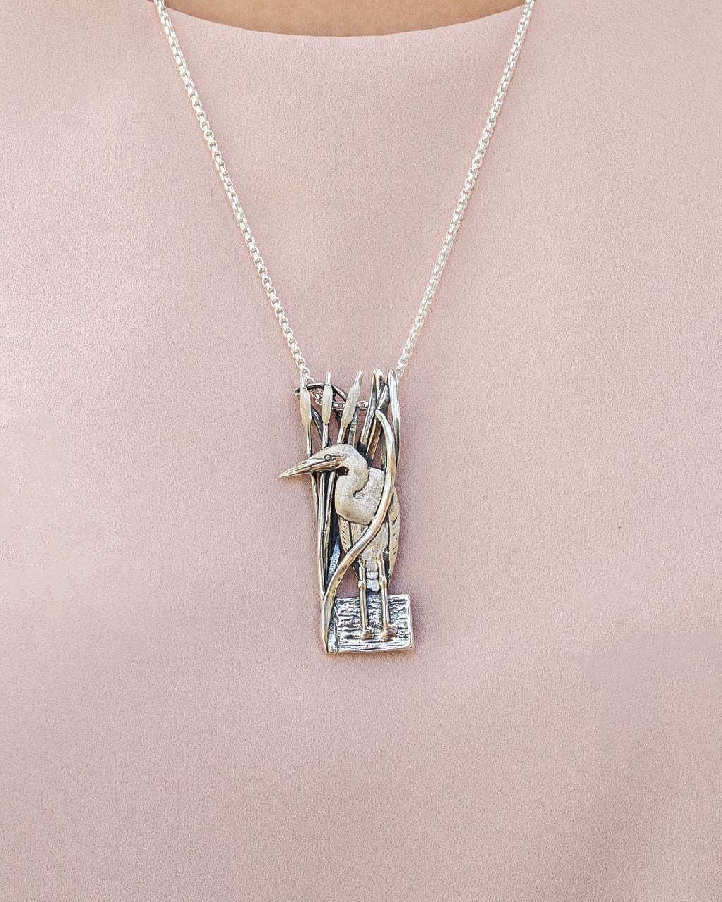 Egret Cattails Pin Pendant