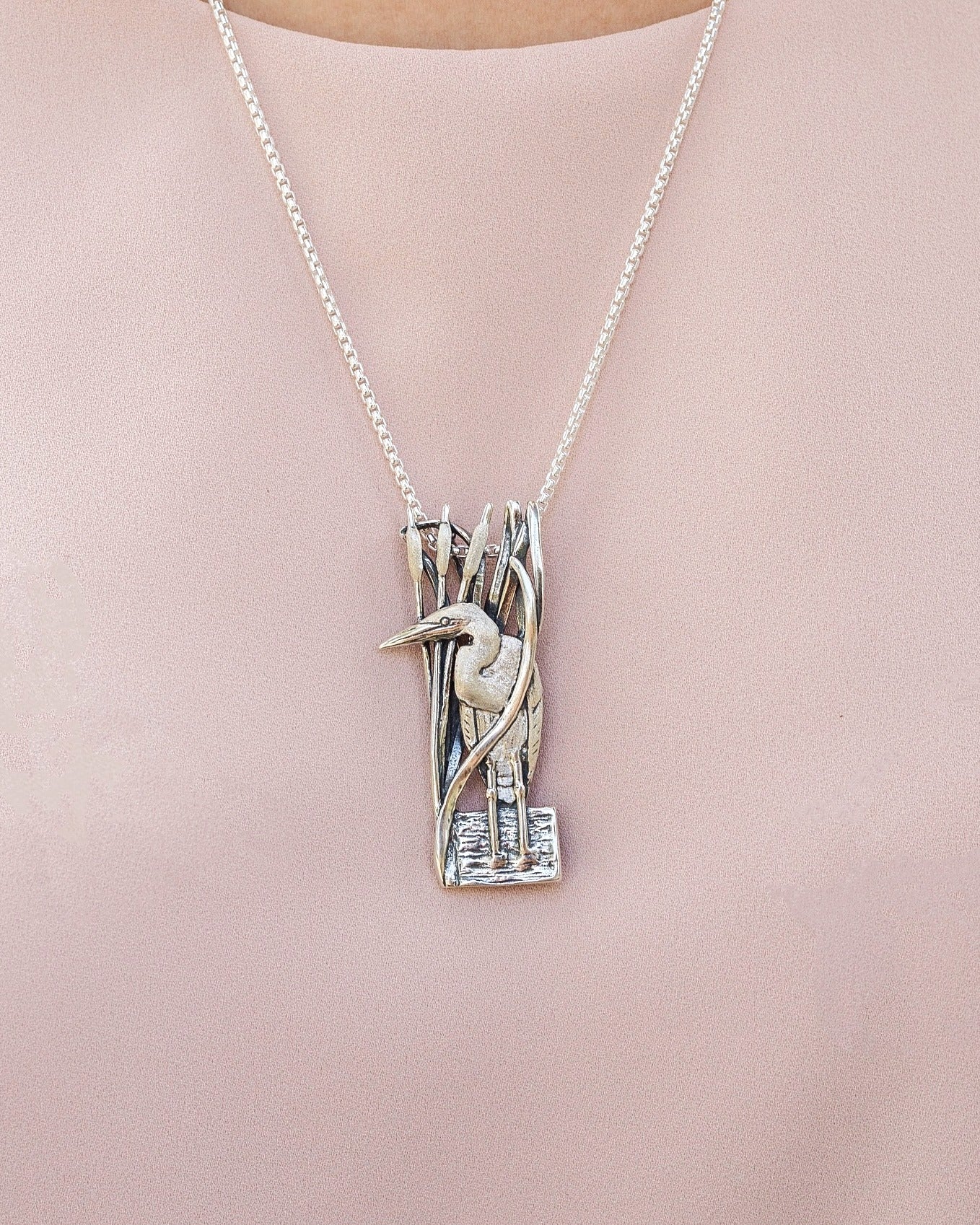 Egret Cattails Pin Pendant