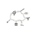 Silver charm bracelet with various charms on a white background