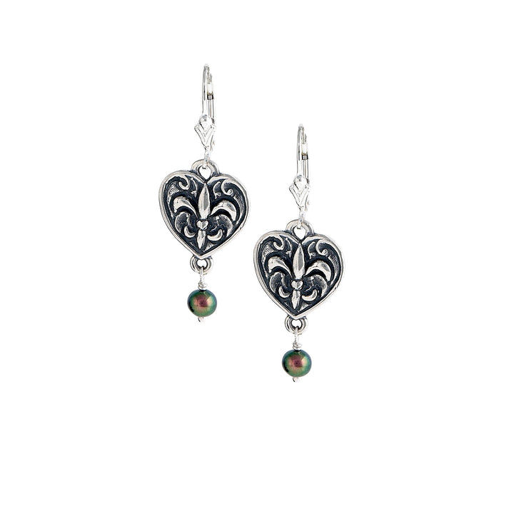 Fleur de Lis Heart Pearl Earrings