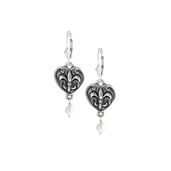 Fleur de Lis Heart Pearl Earrings