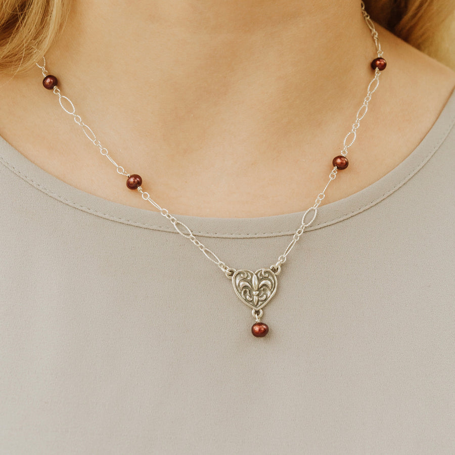 Fleur de Lis Heart Pearl & Chain Necklace