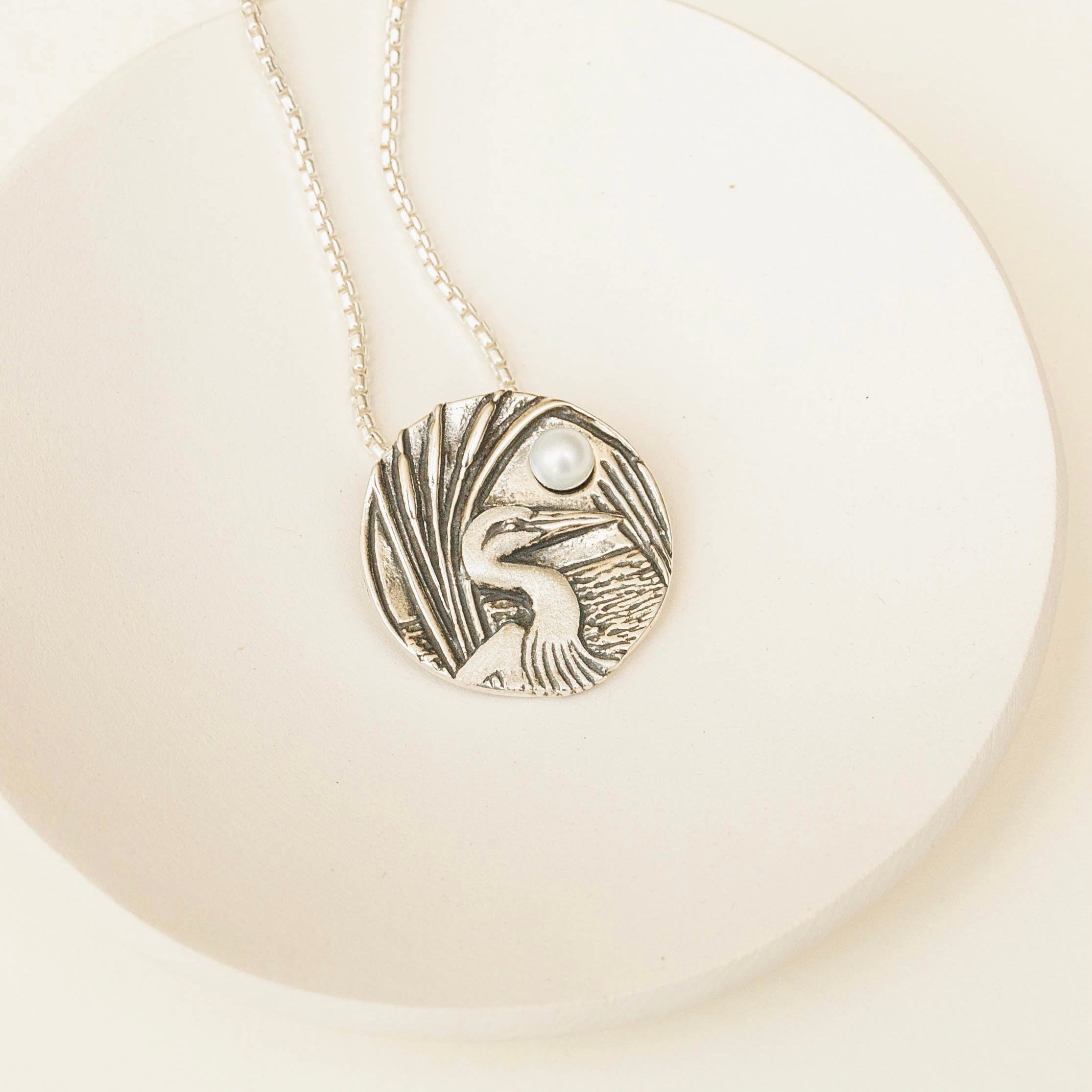 Egret Cattails Pearl Pendant