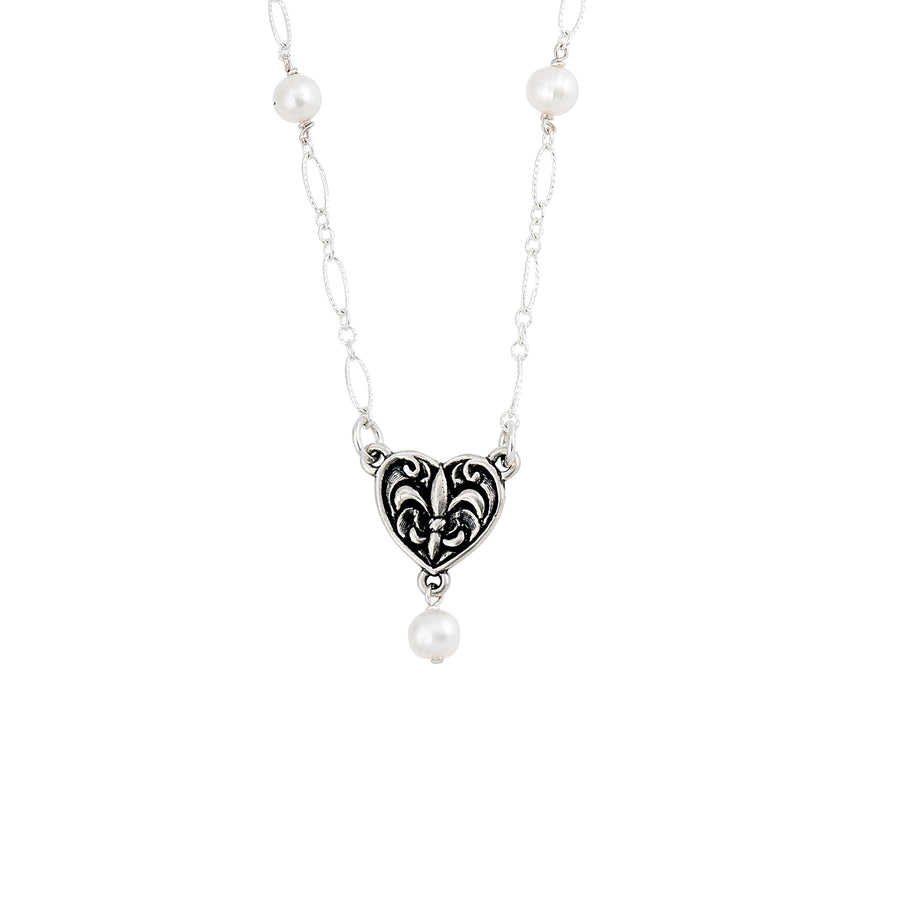 Fleur de Lis Heart Pearl & Chain Necklace