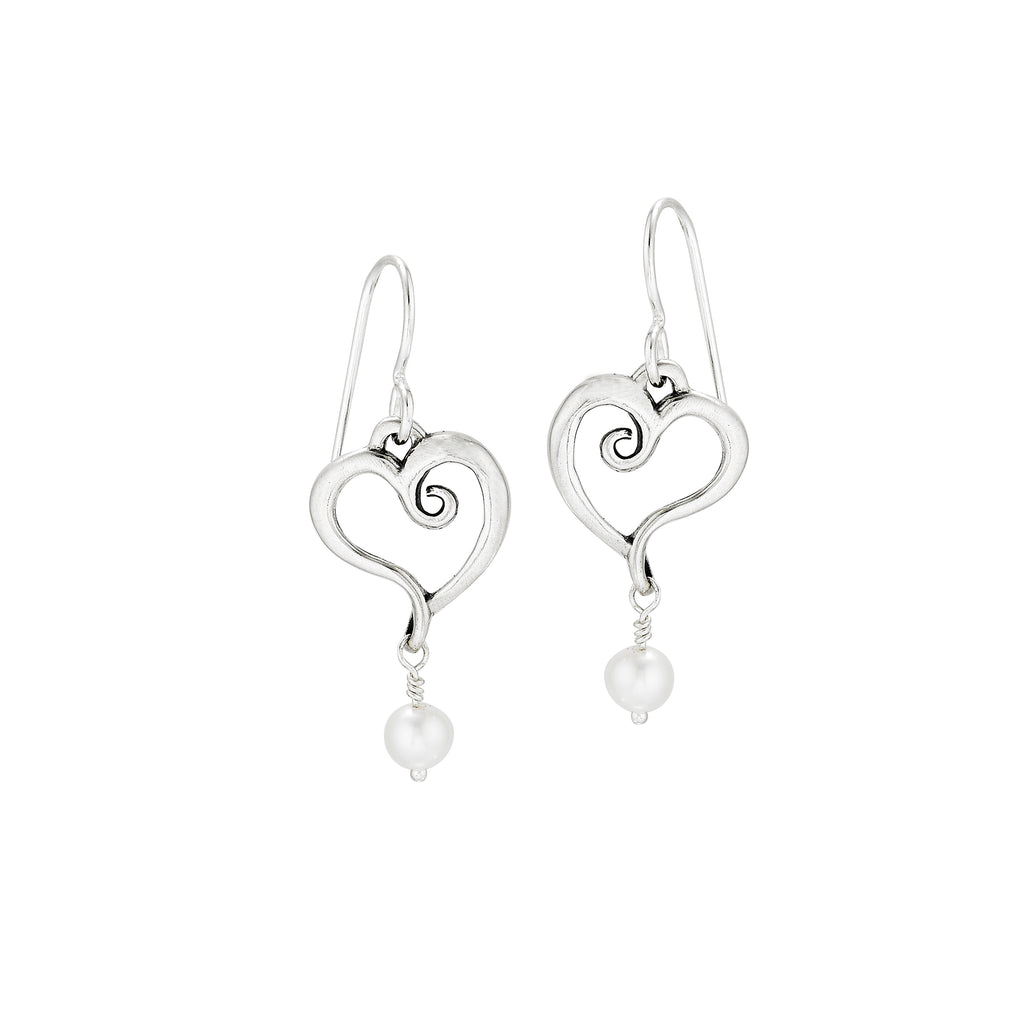 Sterling silver Nouveaux heart earrings with freshwater pearls
