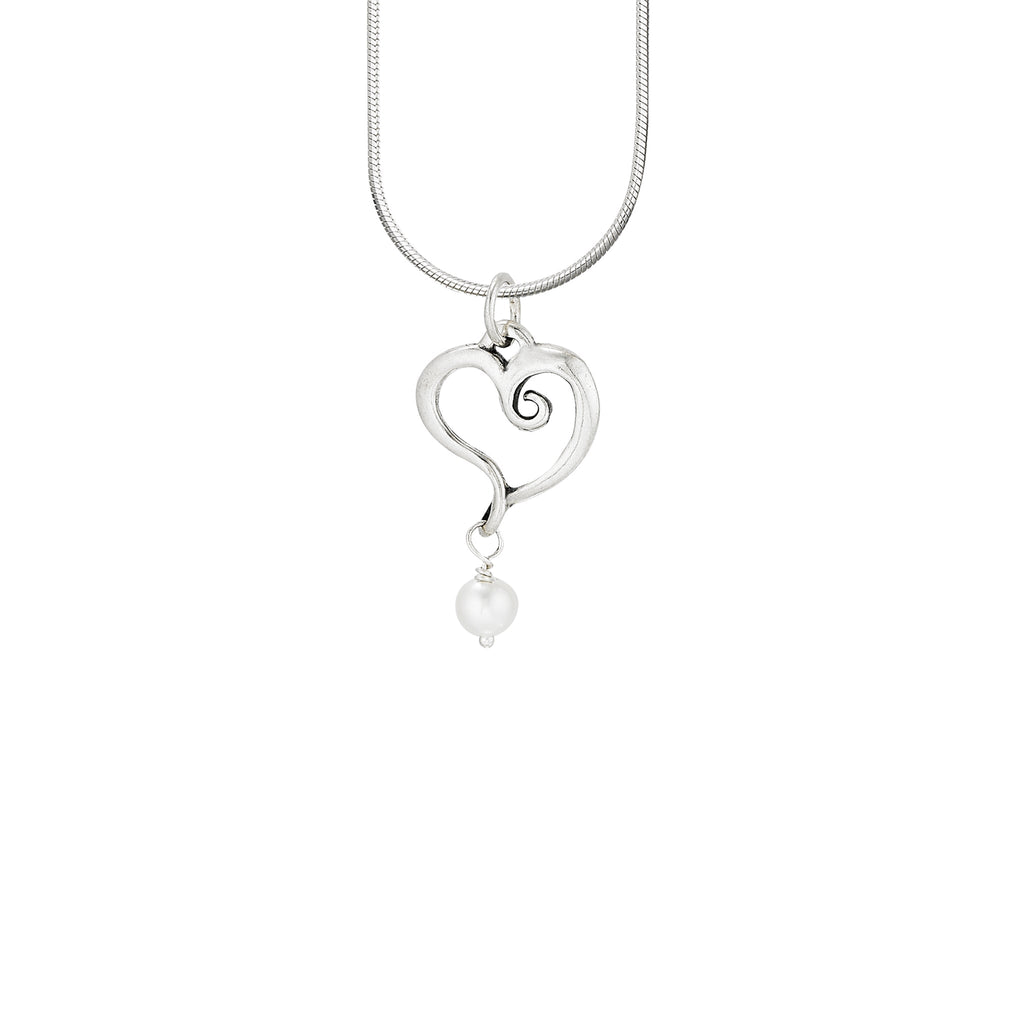Sterling silver Nouveaux heart pendant with freshwater pearl on white background