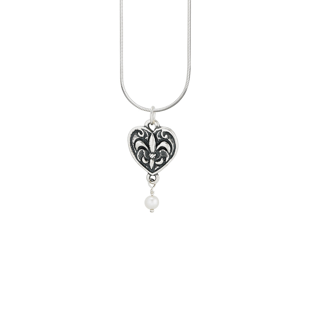 Fleur de Lis Heart Pearl Pendant