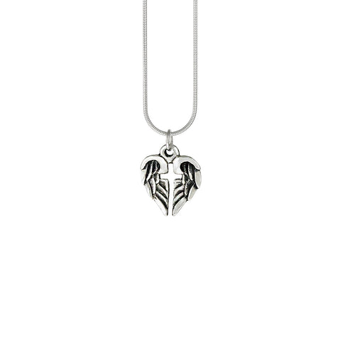 A sterling silver pendant designed as a pair of angel wings with a cross formed in the center, symbolizing hope.