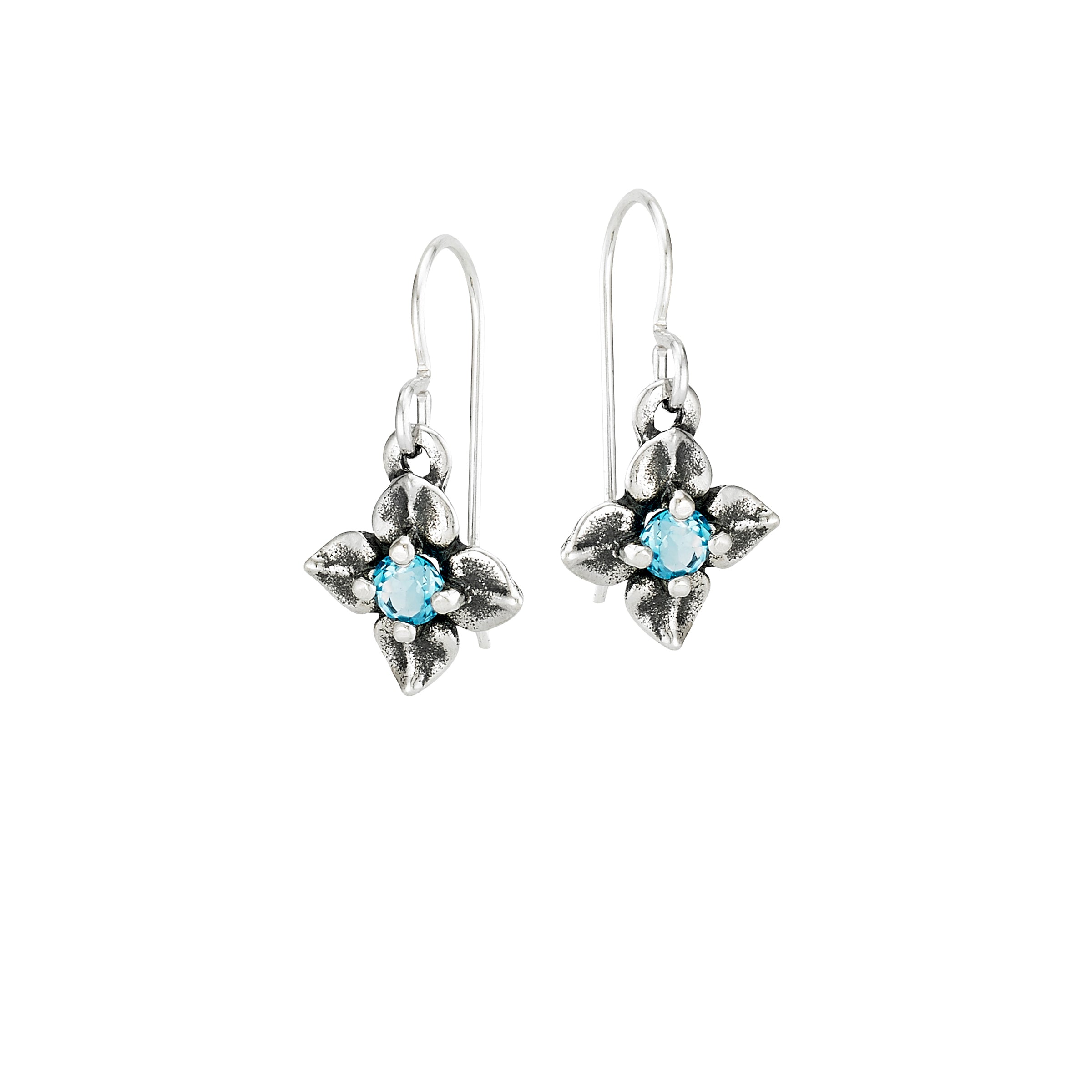 blue topaz flower earrings in sterling silver with genuine swiss blue topaz gemstones