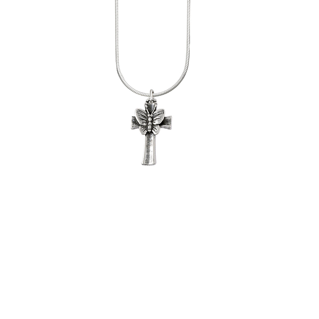 Butterfly cross pendant in sterling silver on chain