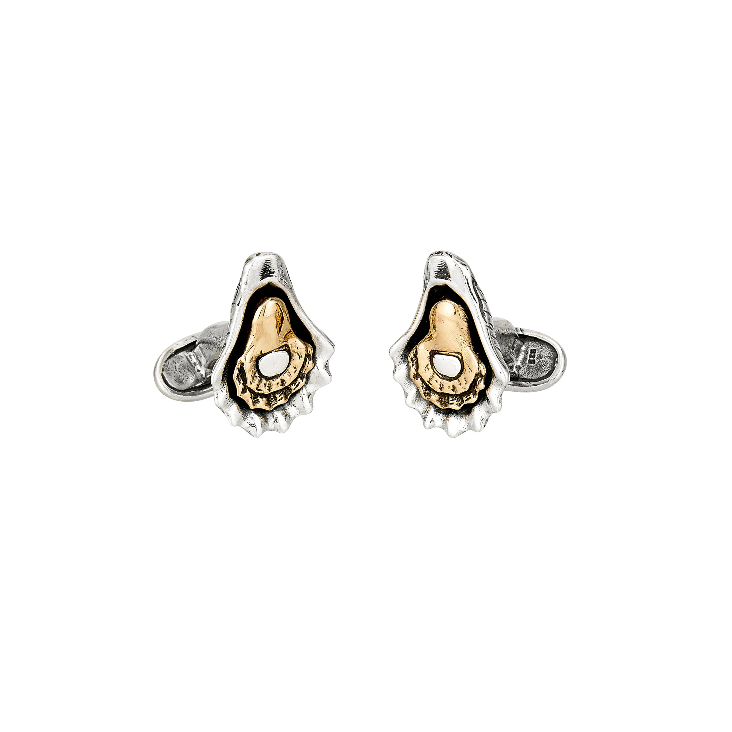 charbroiled oyster cufflinks in sterling silver with bronze center detail