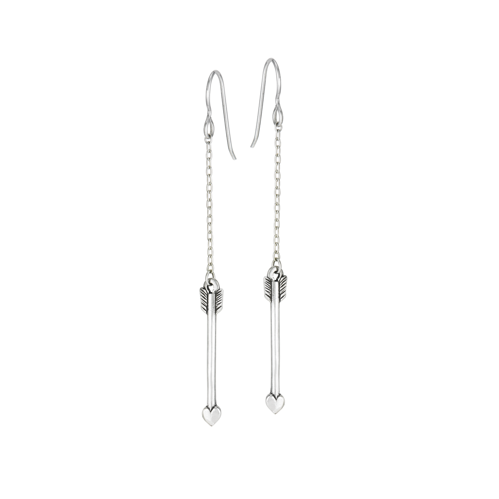 Sterling silver Cupid arrow drop chain earrings with delicate dangling design