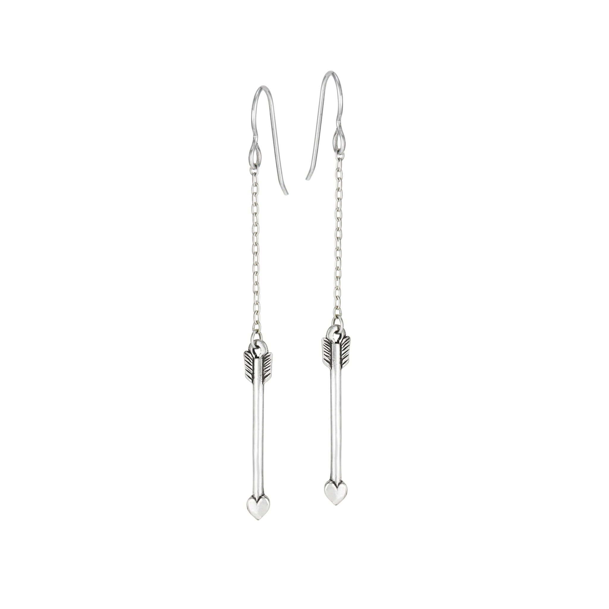 Sterling silver Cupid arrow drop chain earrings with delicate dangling design
