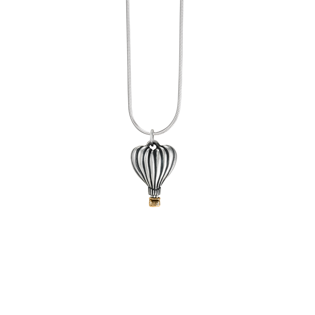 Heart hot air balloon pendant in sterling silver with bronze basket, handcrafted in New Orleans