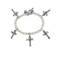 sterling silver insect cross charm bracelet with bumblebee butterfly dragonfly ladybug and cross charms on white background