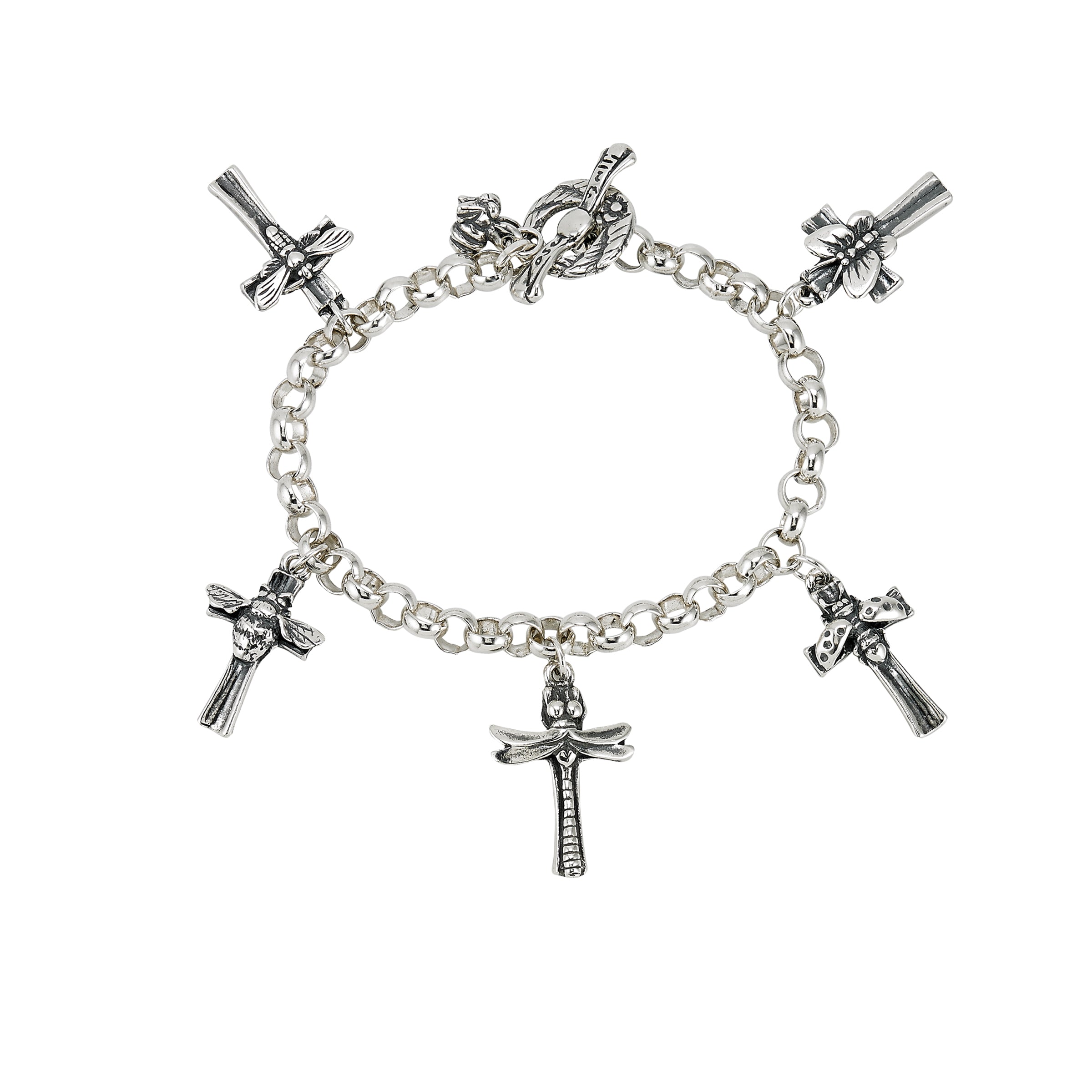 sterling silver insect cross charm bracelet with bumblebee butterfly dragonfly ladybug and cross charms on white background