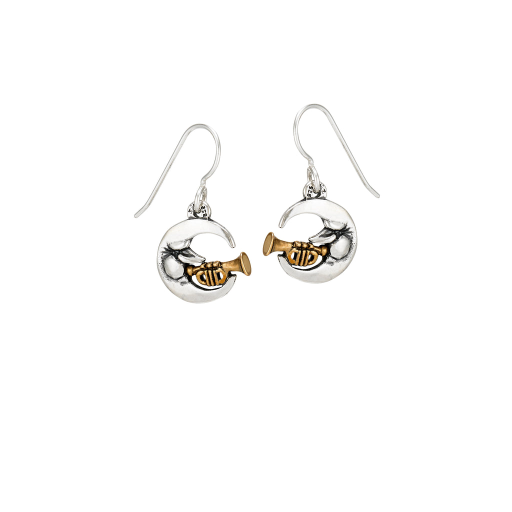 Jazz Man in the Moon earrings in sterling silver with bronze trumpet, handcrafted New Orleans jazz jewelry