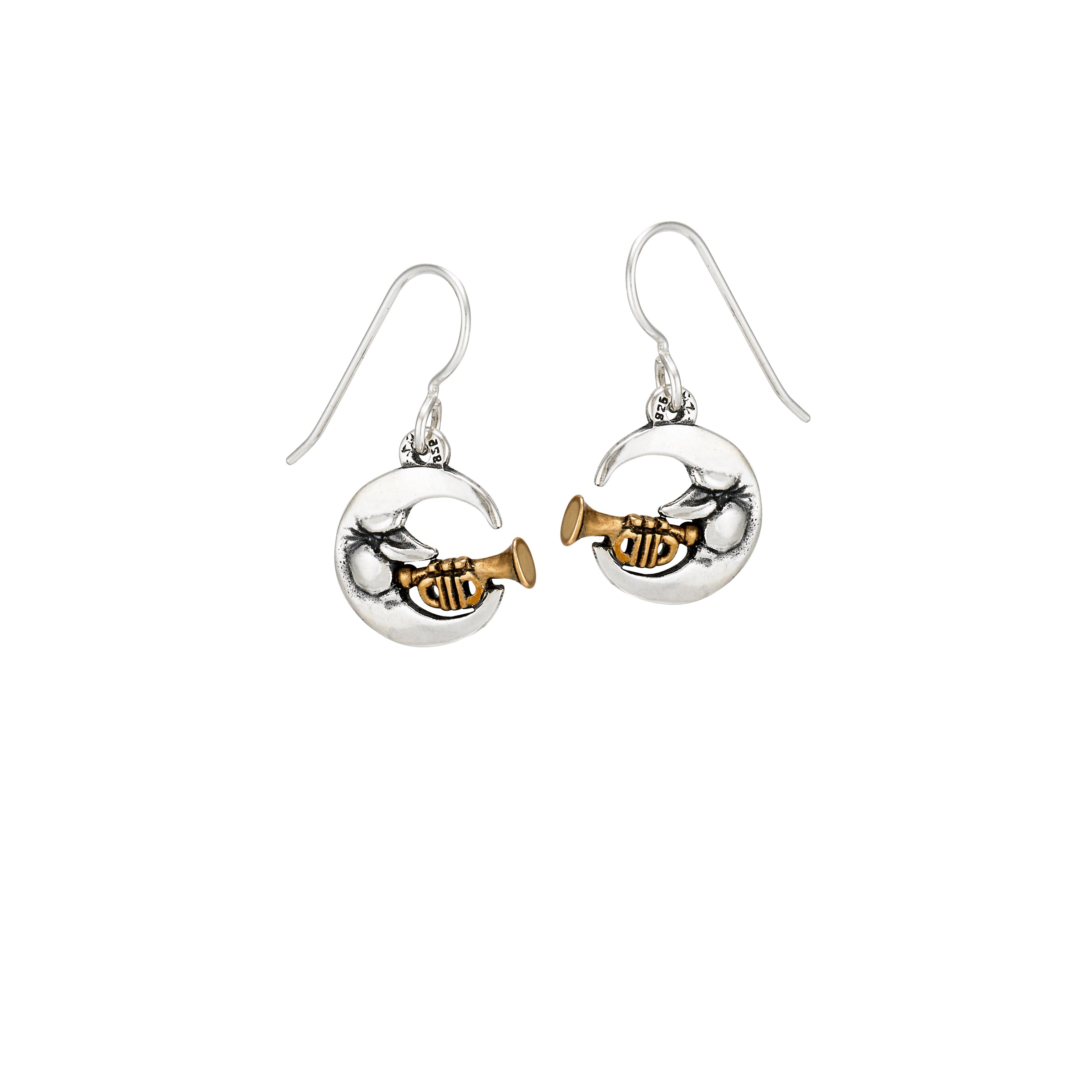 Jazz Man in the Moon earrings in sterling silver with bronze trumpet, handcrafted New Orleans jazz jewelry