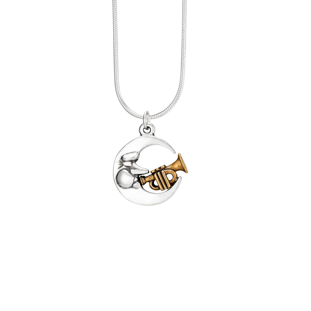 Jazz Man in the Moon pendant in sterling silver with bronze trumpet, handmade New Orleans jazz jewelry
