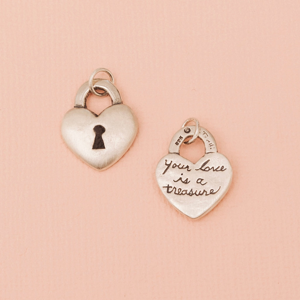 Sterling silver love lock heart pendant showing engraving on back