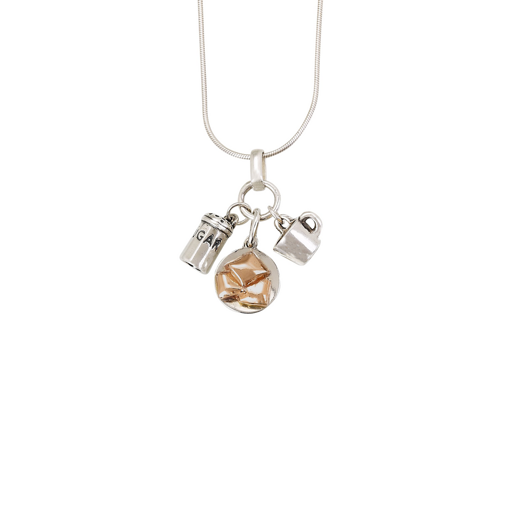 New Orleans beignets and cafe au lait pendant in sterling silver and bronze