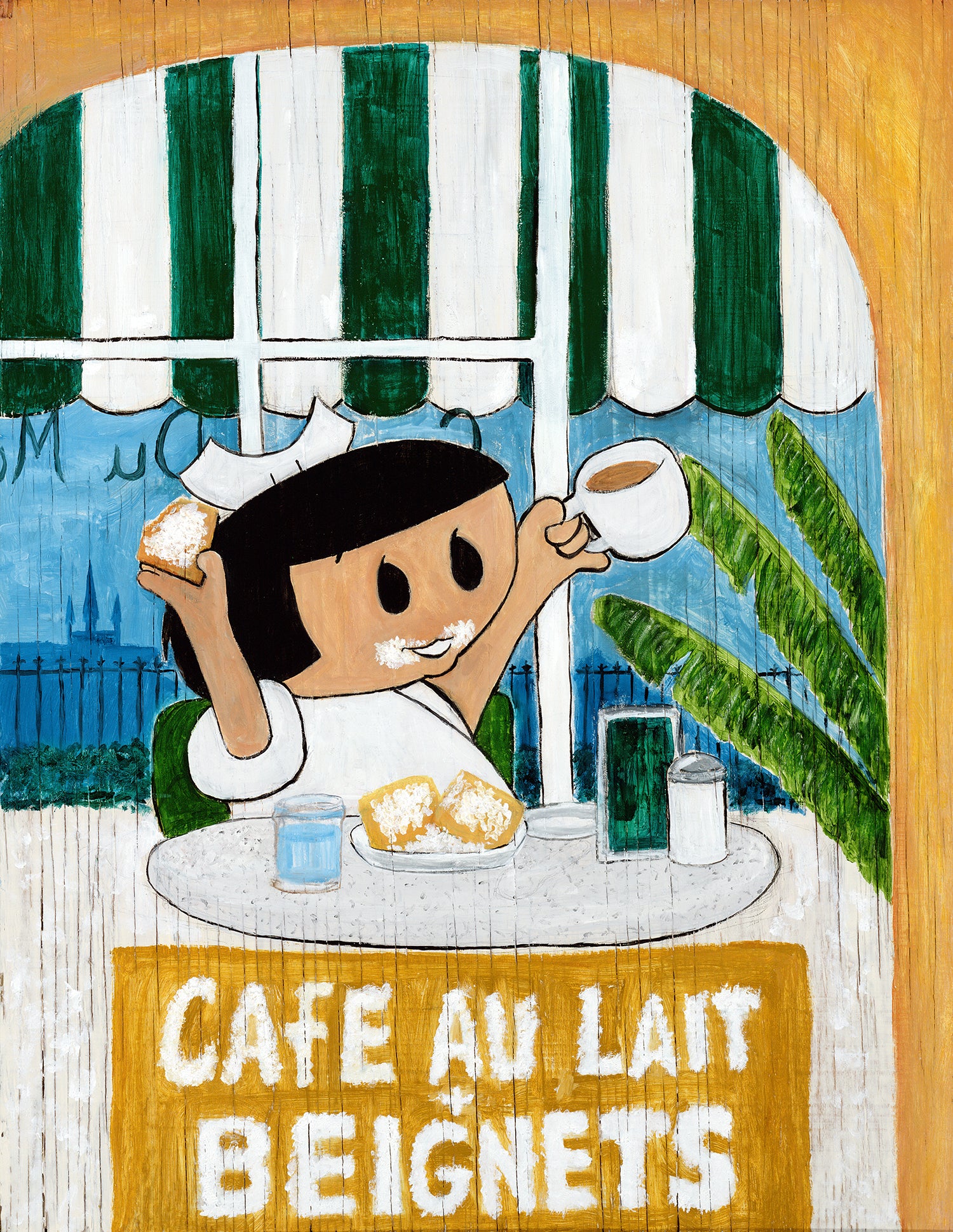 New Orleans cafe au lait and beignets art print featuring the Rosenberg girl in the French Quarter
