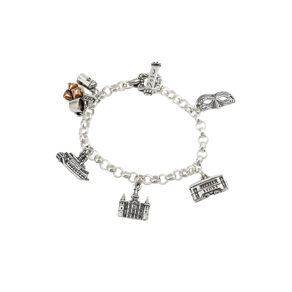 French Quarter charm bracelet featuring New Orleans landmark charms in sterling silver and bronze