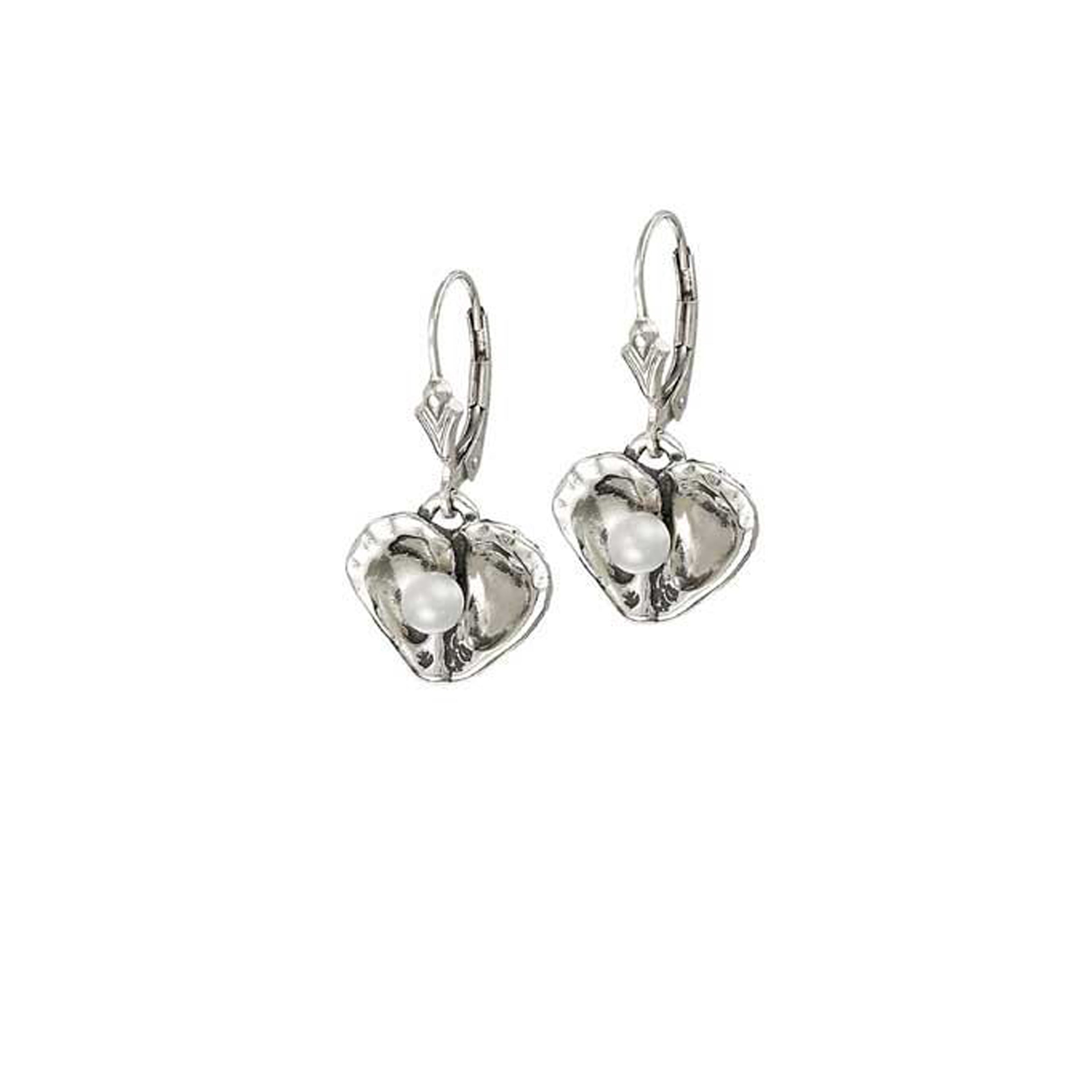 oyster heart earrings in sterling silver with freshwater pearls