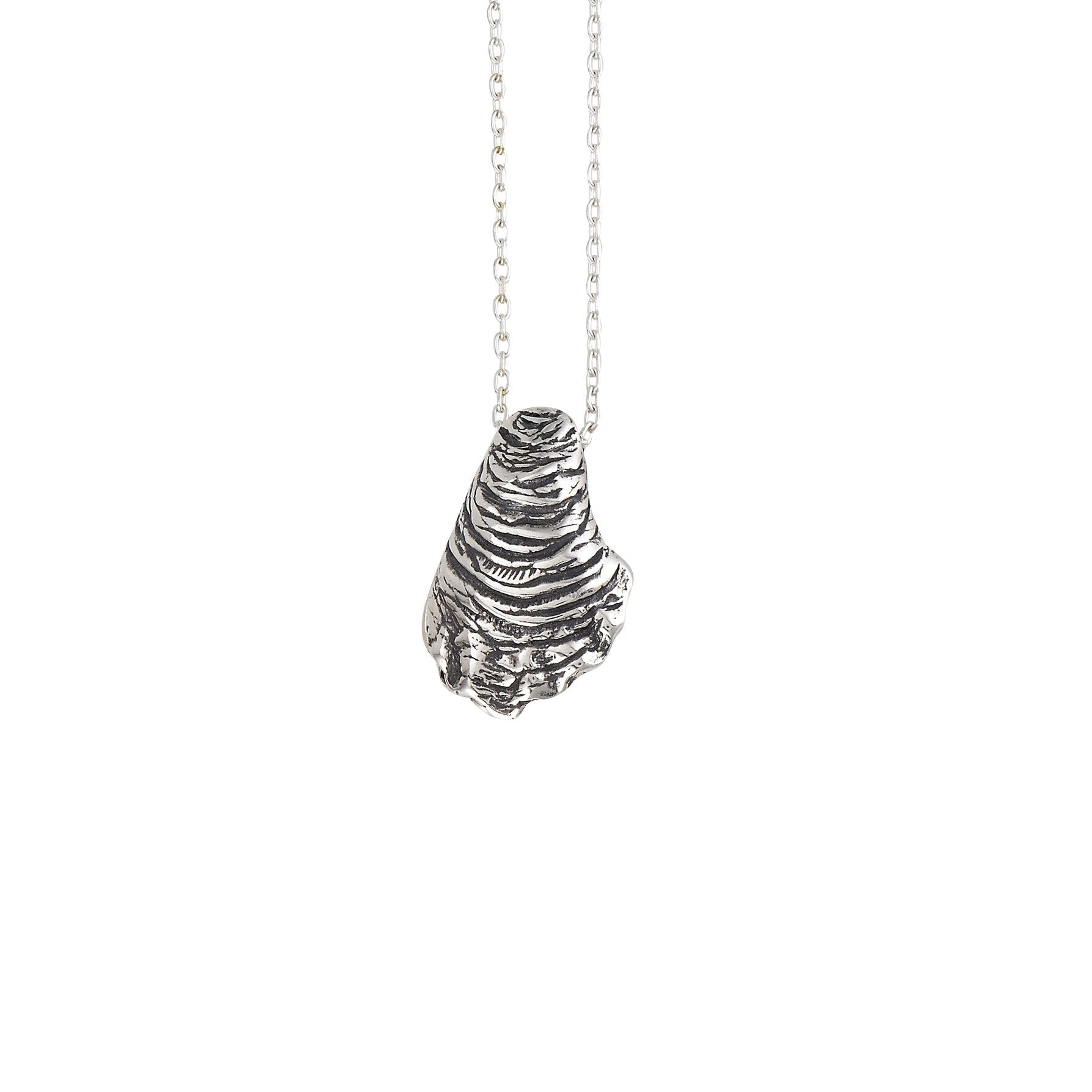 oyster pearl locket necklace in sterling silver closed showing detailed oyster shell design
