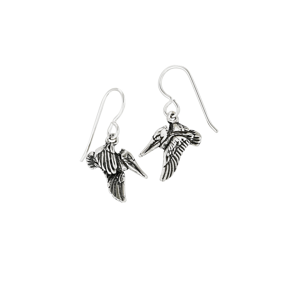 sterling silver pelican earrings with bird in flight design, handcrafted new orleans jewelry