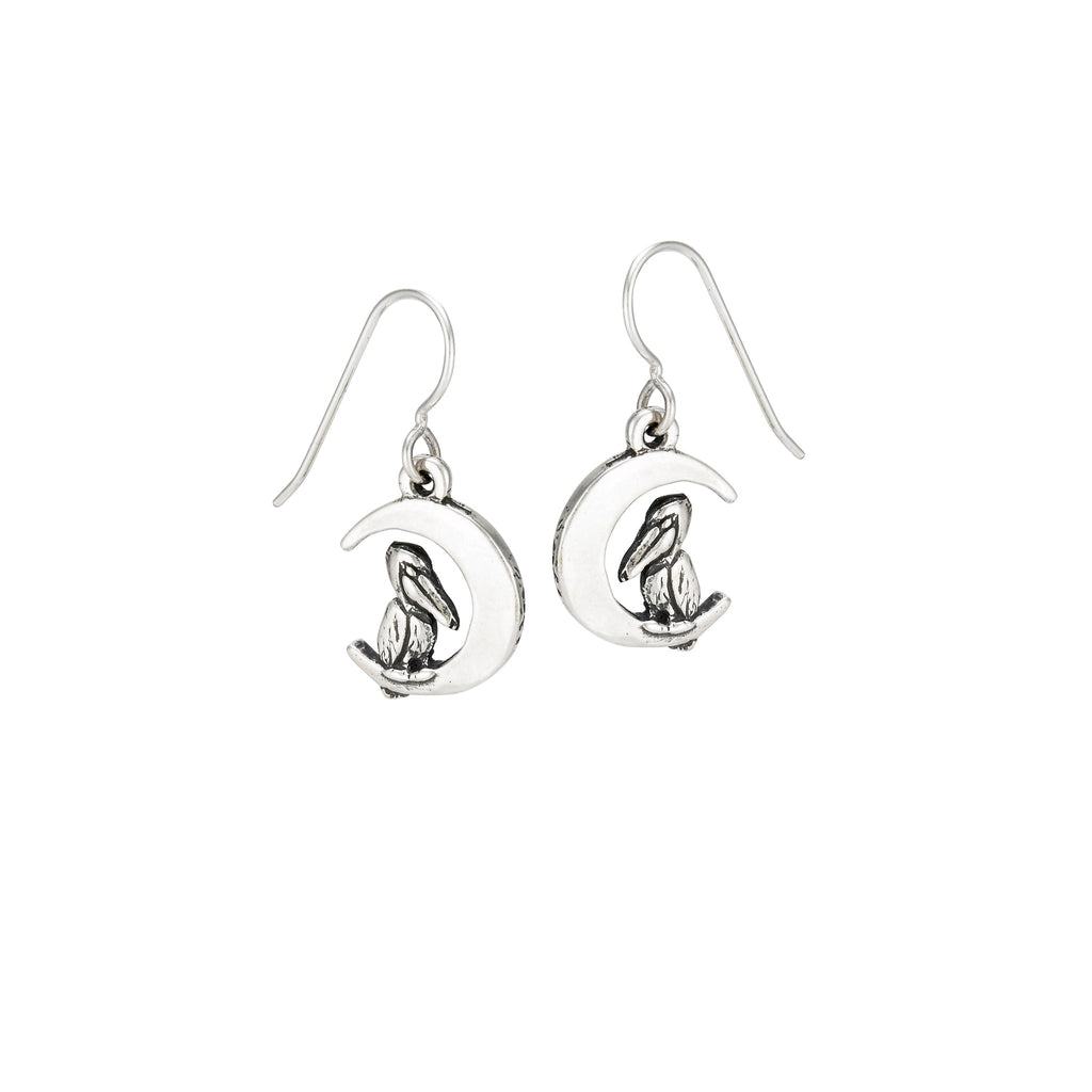 sterling silver pelican moon earrings with pelican resting on crescent moon, handcrafted new orleans jewelry