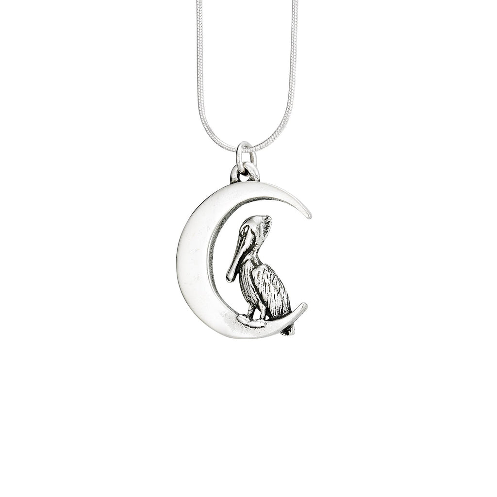 terling silver pelican moon pendant with pelican resting on crescent moon, handcrafted new orleans jewelry