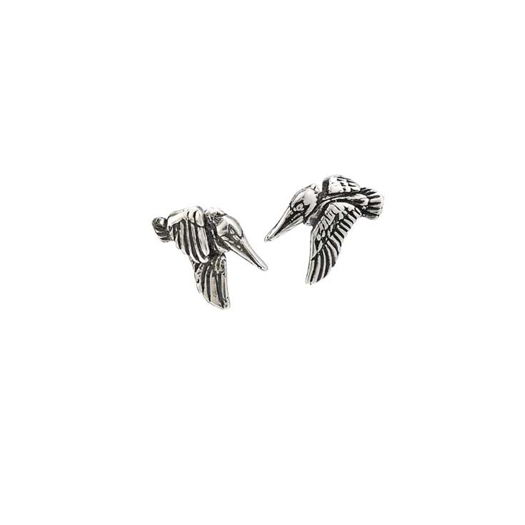 sterling silver pelican post earrings with bird in flight design, handcrafted new orleans jewelry