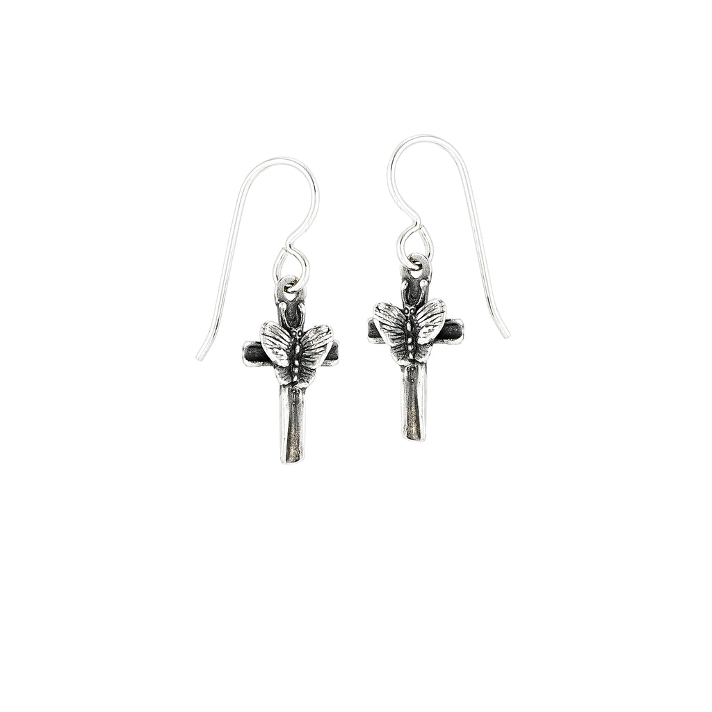 petite sterling silver butterfly cross earrings, dainty religious earrings on ear wire