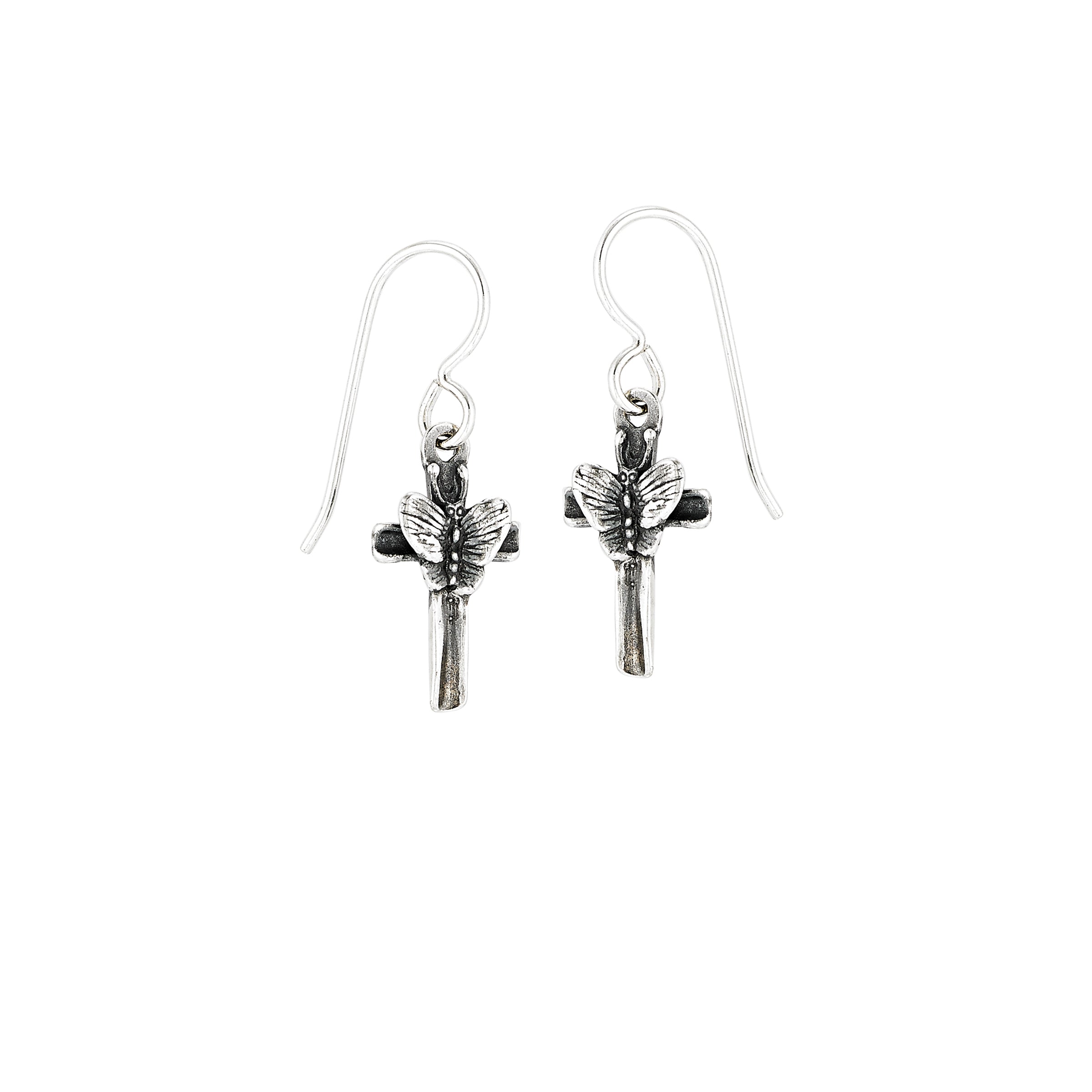 petite sterling silver butterfly cross earrings, dainty religious earrings on ear wire